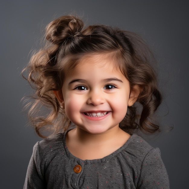 une petite fille aux cheveux bouclés souriant à la caméra