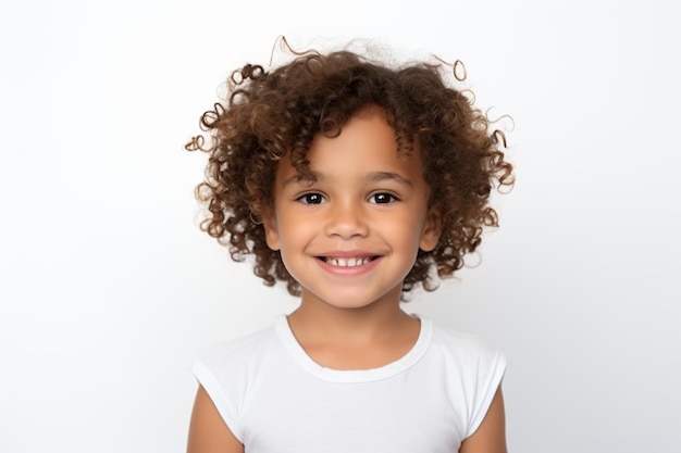 une petite fille aux cheveux bouclés souriant pour une photo