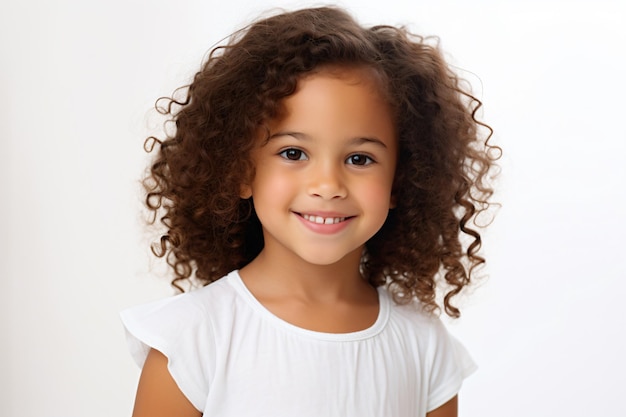 une petite fille aux cheveux bouclés souriant pour une photo