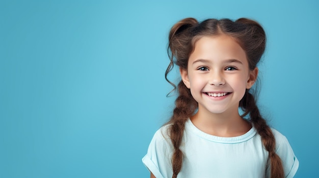 Une petite fille aux cheveux bouclés souriant.