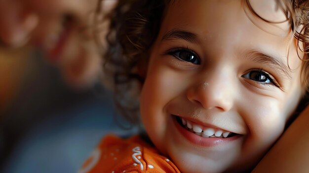 Une petite fille aux cheveux bouclés souriante Elle porte une chemise orange Le fond est flou