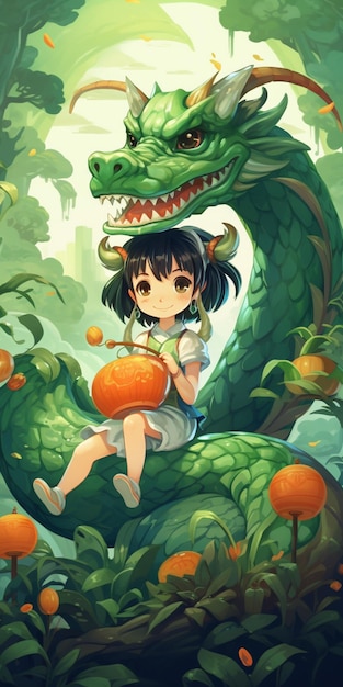 Une petite fille aux cheveux longs avec un dragon