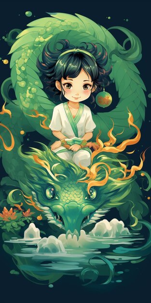 Une petite fille aux cheveux longs avec un dragon