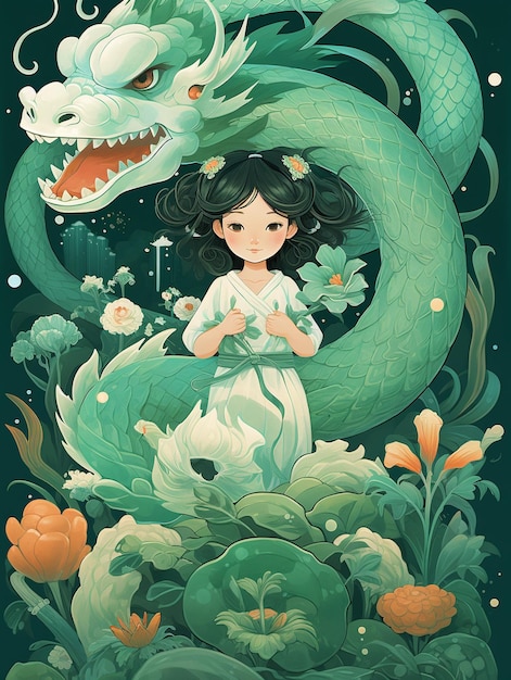 Une petite fille aux cheveux longs avec un dragon