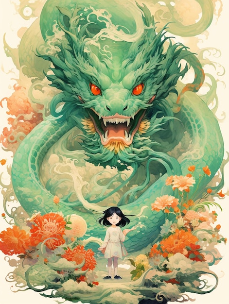 Une petite fille aux cheveux longs avec un dragon