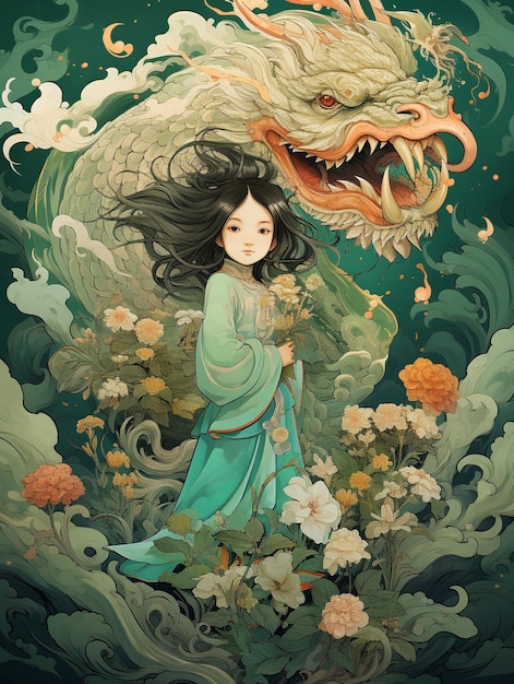 Une petite fille aux cheveux longs avec un dragon