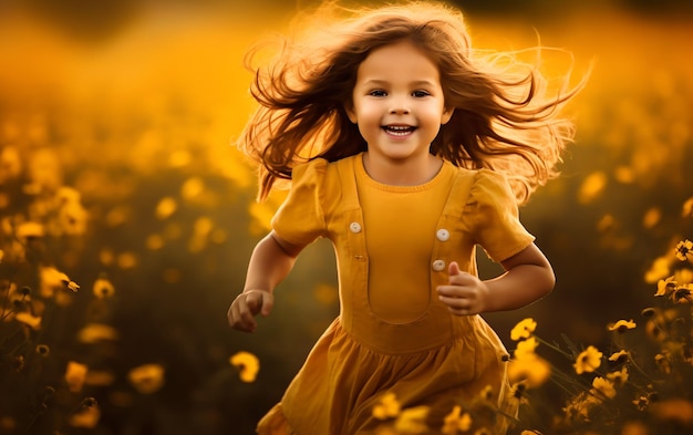 une petite fille aux cheveux longs qui court dans un champ de fleurs jaunes