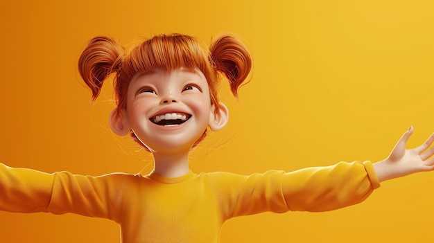 Une petite fille aux cheveux roux et aux taches de rousseur souriant heureuse avec ses bras tendus elle porte un pull jaune le fond est aussi jaune