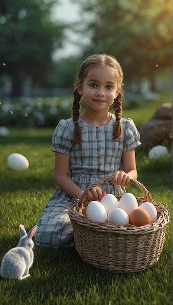 Une petite fille aux cheveux tressés est assise devant un panier d'œufs.