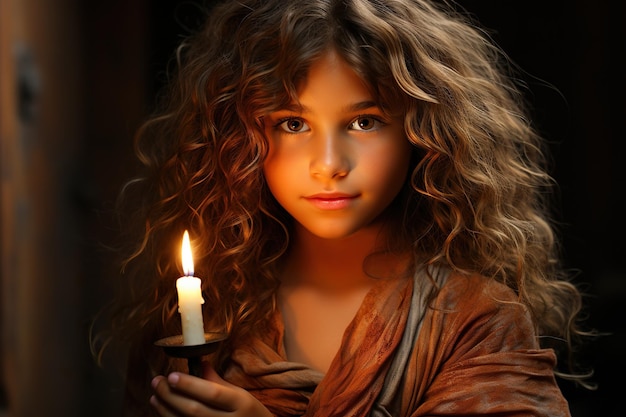 Petite fille aux longs cheveux bouclés et bougie