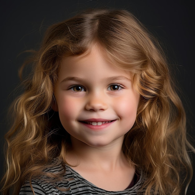 une petite fille aux longs cheveux bouclés souriant à la caméra