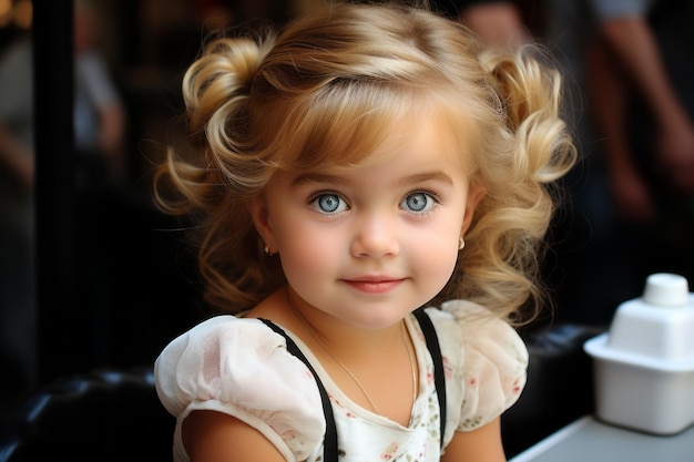 une petite fille aux yeux bleus assise à une table