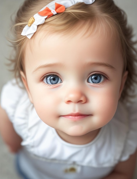 Une petite fille aux yeux bleus et un nœud blanc sur la tête.
