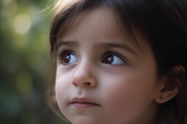 Une petite fille aux yeux bruns lève les yeux vers le ciel.