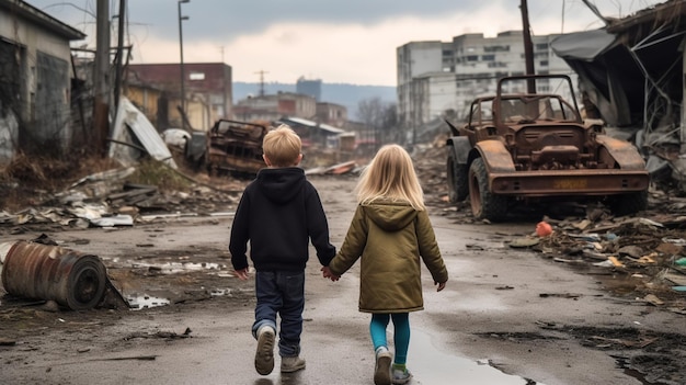 Petite fille blonde de 3 ans et garçon blond sale de 7 ans se tenant la main et marchant à travers le tremblement de terre en Turquie