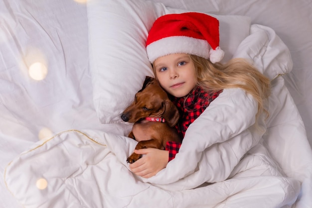 petite fille blonde dans un bonnet de Noel et un pyjama dort dans son lit avec son chien bien-aimé teckel