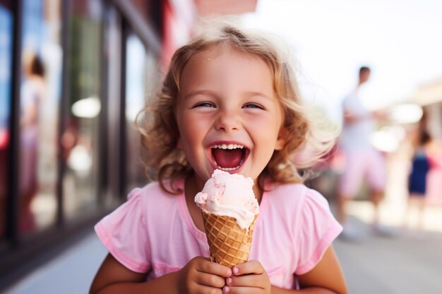 Une petite fille blonde heureuse dans un T-shirt rose mangeant de la crème glacée dans la rue