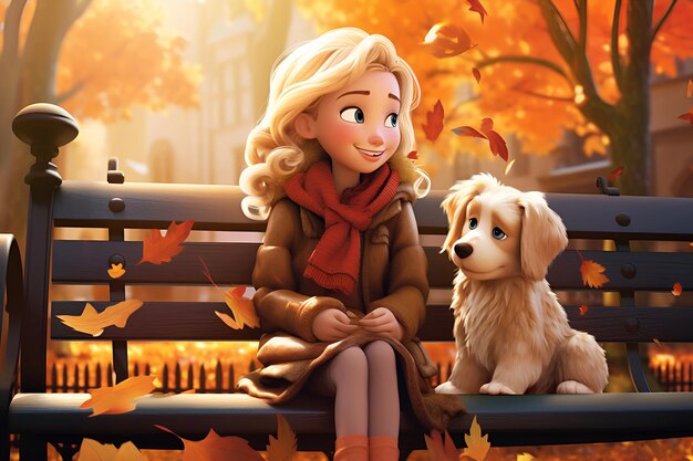 Photo une petite fille blonde mignonne assise sur un banc avec un chien dans un parc d'automne