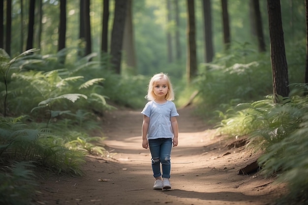 Une petite fille blonde avec un regard confus sur un sentier dans la forêt