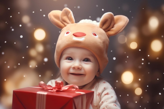 Petite fille en bois de cerf de Noël avec un cadeau dans ses mains pour le Nouvel An et Noël