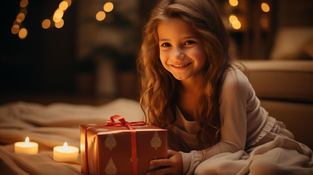 petite fille avec boîte-cadeau à la maison