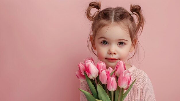 Une petite fille avec un bouquet de tulipes sur un fond rose pastel