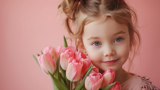 Une petite fille avec un bouquet de tulipes sur un fond rose pastel