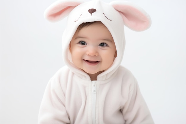 Petite fille en Bunny Onesie sur blanc