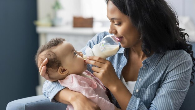 Photo une petite fille buvant du lait d'une bouteille de bébé, une mère nourrissant sa fille avec une bouteille.