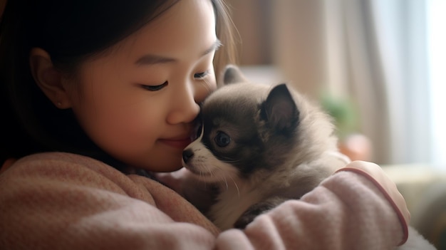 Une petite fille câline son chiot sur le canapé à la maisonCréé avec la technologie Generative AI