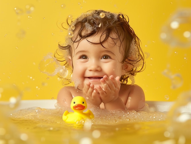 une petite fille avec un canard dans le bain avec un fond jaune