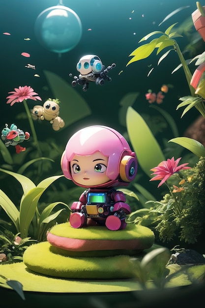 une petite fille avec un casque rose et des écouteurs est assise sur une table avec des fleurs et des plantes.