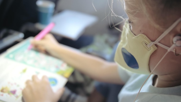 Petite fille caucasienne à l'avion avec masque médical de protection Enfant bébé touriste à l'avion avec respirateur jouer et peindre Épidémie de coronavirus sarscov2 covid19 2019ncov