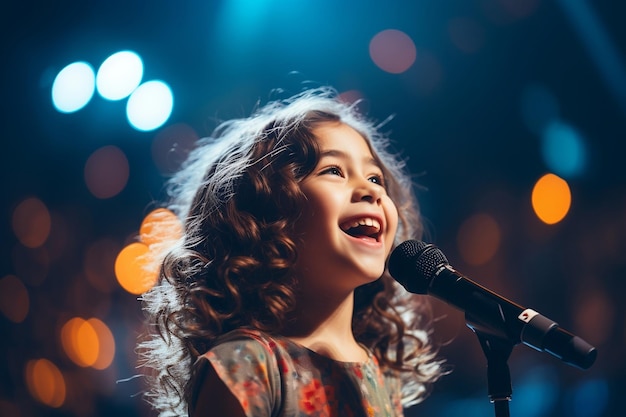 Petite fille chantant sur scène sur fond de lumières légèrement floues