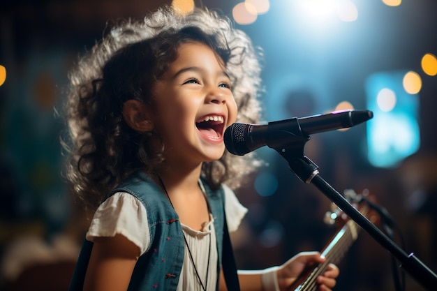 Photo petite fille chantant sur scène sur fond de lumières légèrement floues