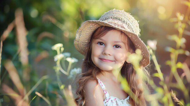 Une petite fille avec un chapeau de paille souriante Elle porte une robe blanche avec des fleurs roses Le fond est flou