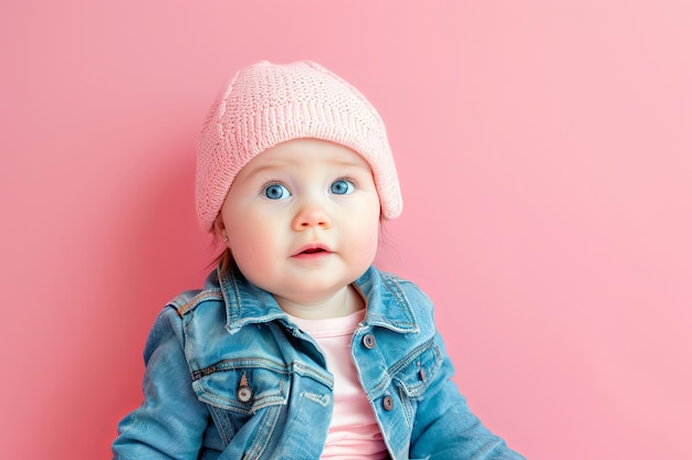 Une petite fille avec un chapeau rose et une veste en denim