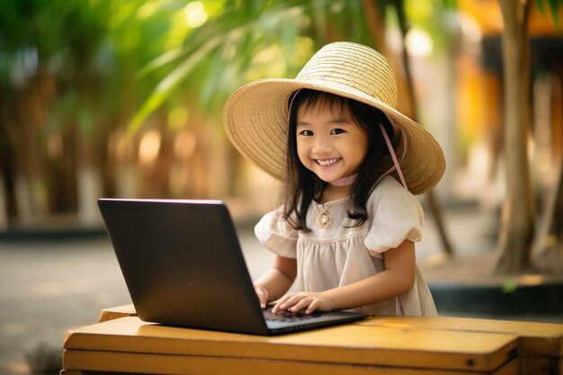 une petite fille avec un chapeau utilise un ordinateur portable et le mot qu'elle travaille dessus