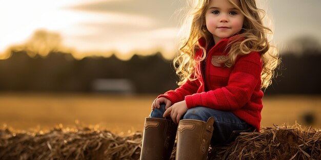 Une petite fille en chaussures rouges de cow-girl est assise sur une botte de foin à la ferme.