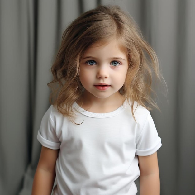 Une petite fille avec une chemise blanche qui dit " a " dessus.