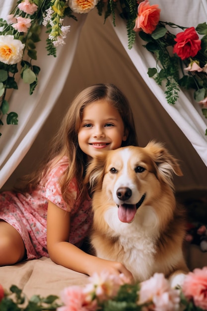 Petite fille et chien Aventures mignonnes ensemble