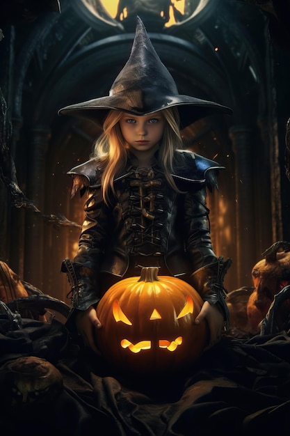 Petite fille en costume du sorcier maléfique avec citrouille effrayante dans un sombre et mystérieux