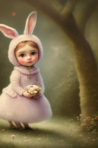 Une petite fille en costume de lapin tient un bouquet de fleurs.