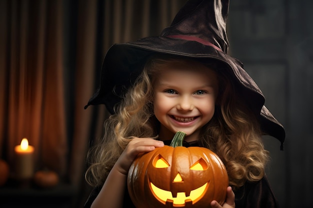 Petite fille en costume de sorcière avec citrouille d'Halloween 1