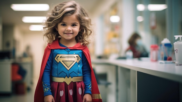 Petite fille en costume de super-héros dans un hôpital Créé avec la technologie Generative AI