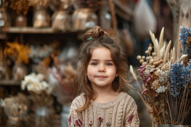 La petite fille à côté des fleurs