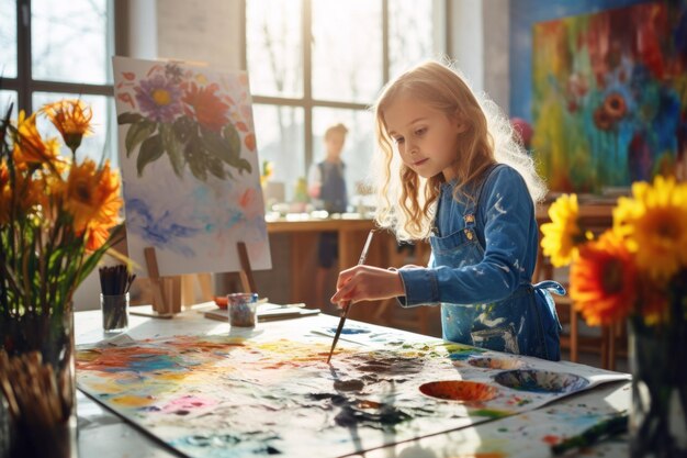 Une petite fille créant de l'art dans un studio