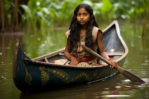 Une petite fille dans un canoë en Amazonie.
