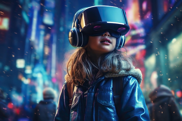 Petite fille dans un casque de réalité virtuelle contre le fond de la ville nocturne