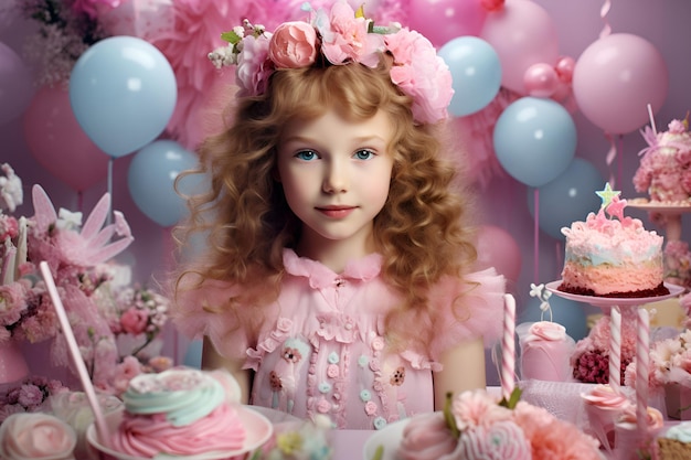 Photo petite fille dans une couronne de fleurs parmi de délicieux gâteaux d'anniversaire